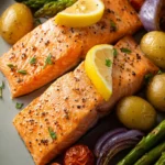 sheet pan salmon veggies healthy easy First Image