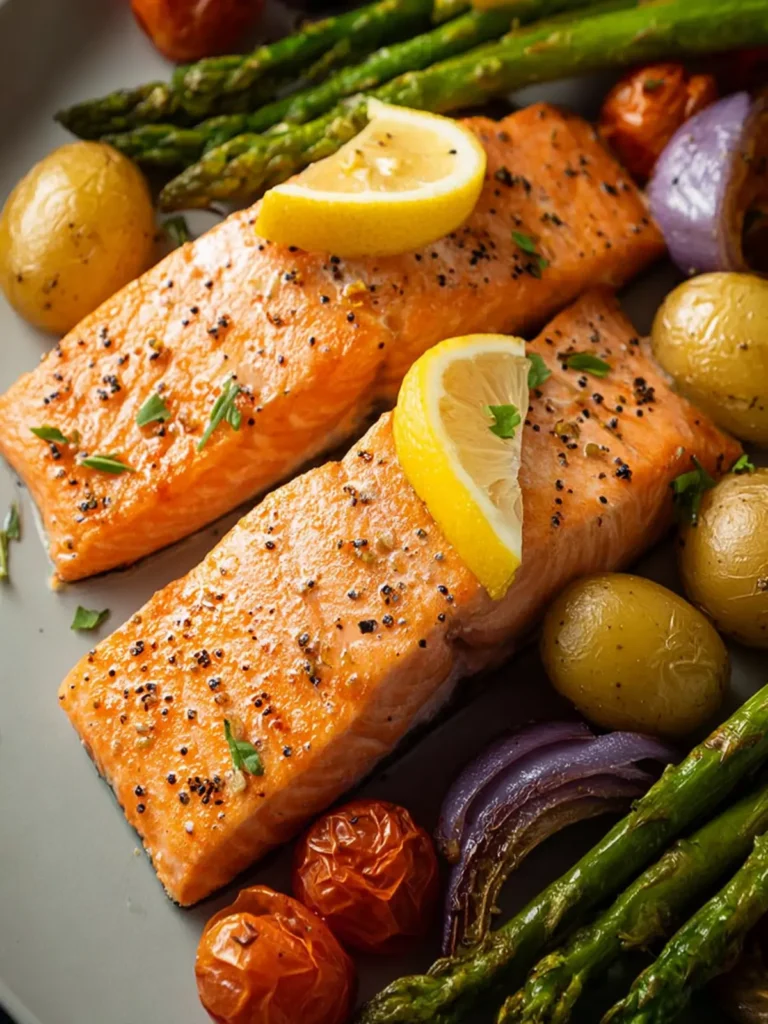 sheet pan salmon veggies healthy easy First Image